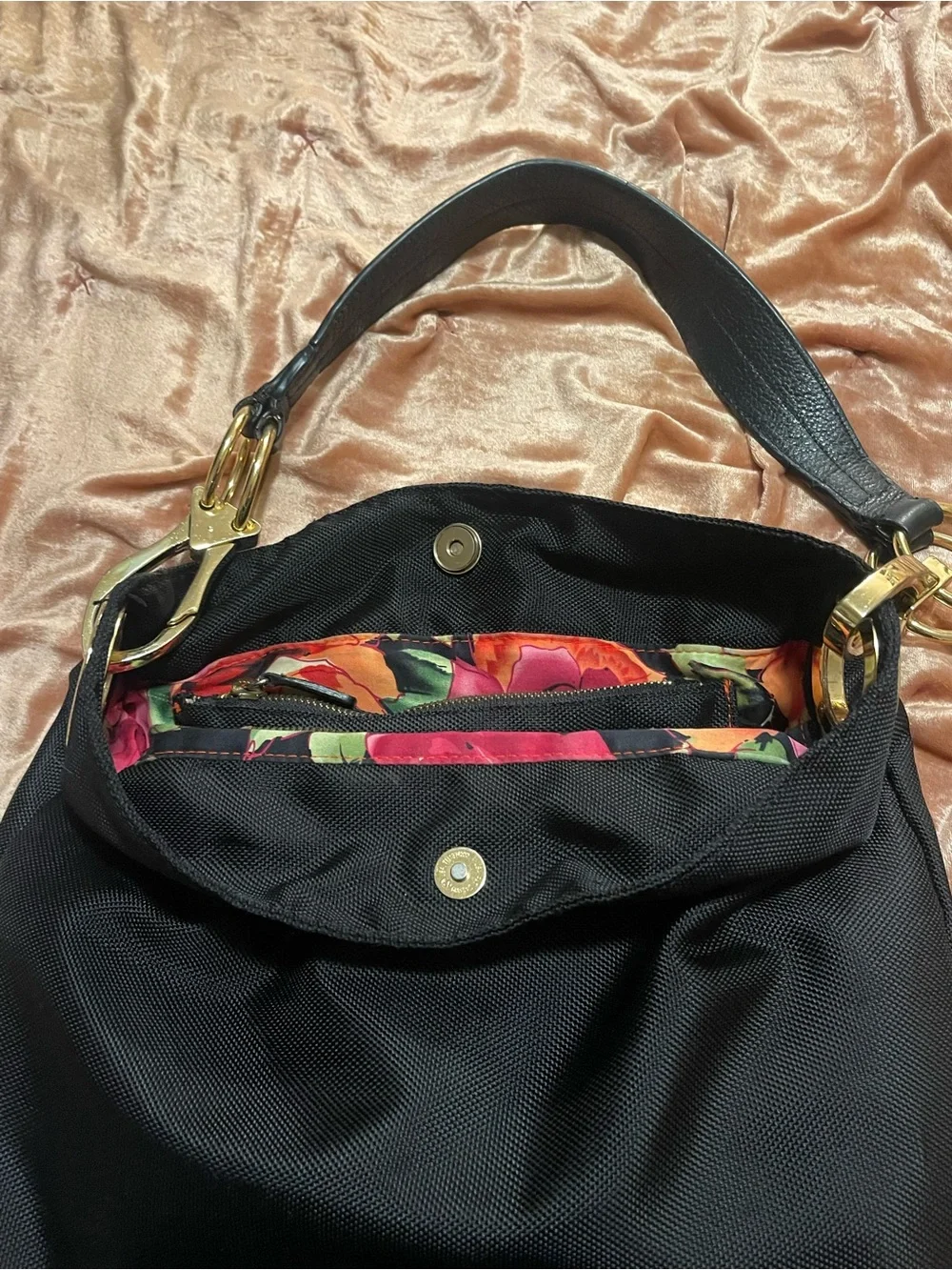 JPK Paris 75 Nylon Hobo Shoulder Bag W/ Chunky Gold Hardware & Floral Lining